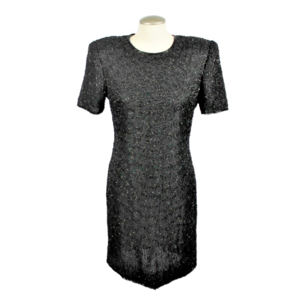Vintage 80s Silk Sparkle Dress Black Medium Beaded Shoulder Pads Night Vogue